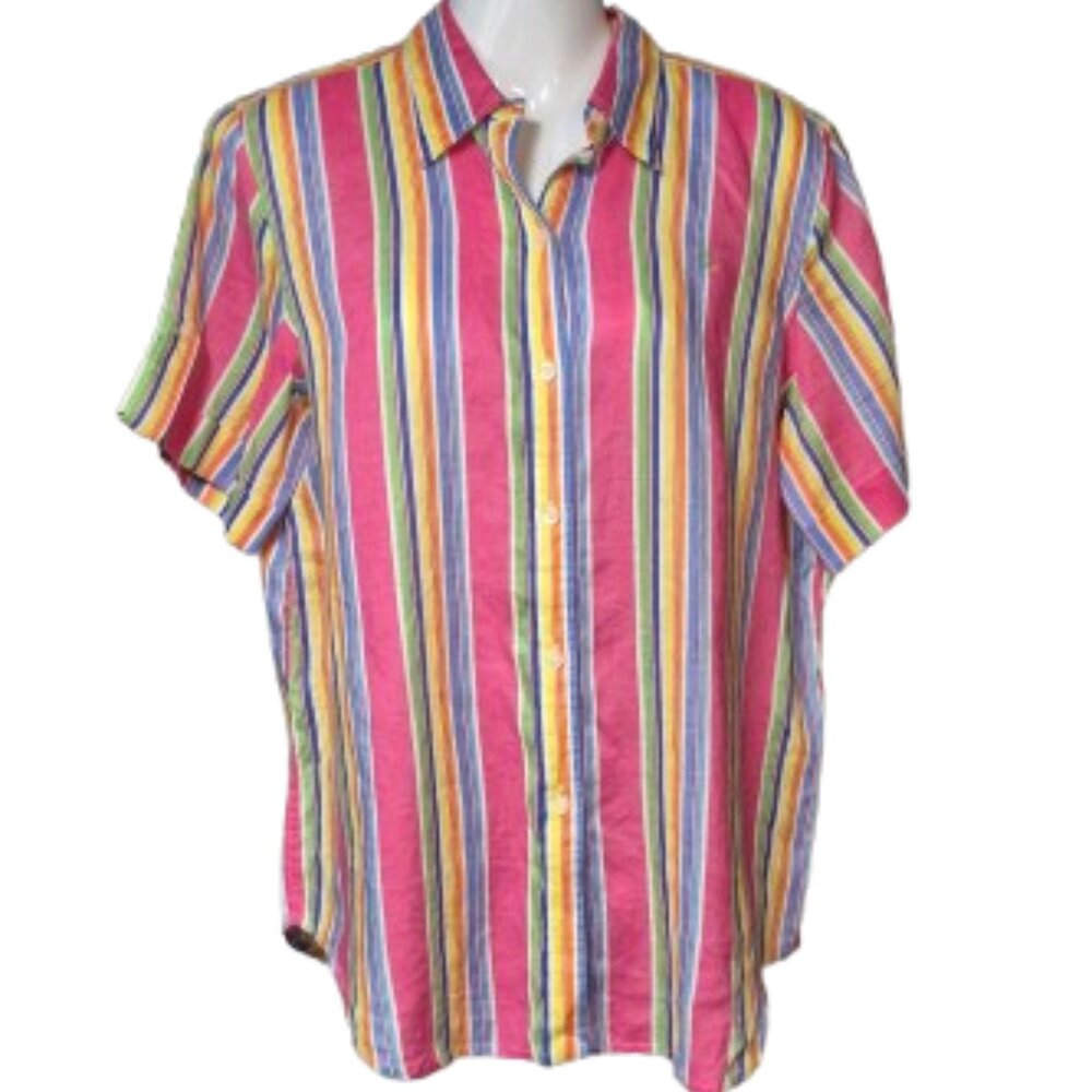 Lauren Ralph Lauren Top Striped Colourful Women's Medium Linen Short Sleeve